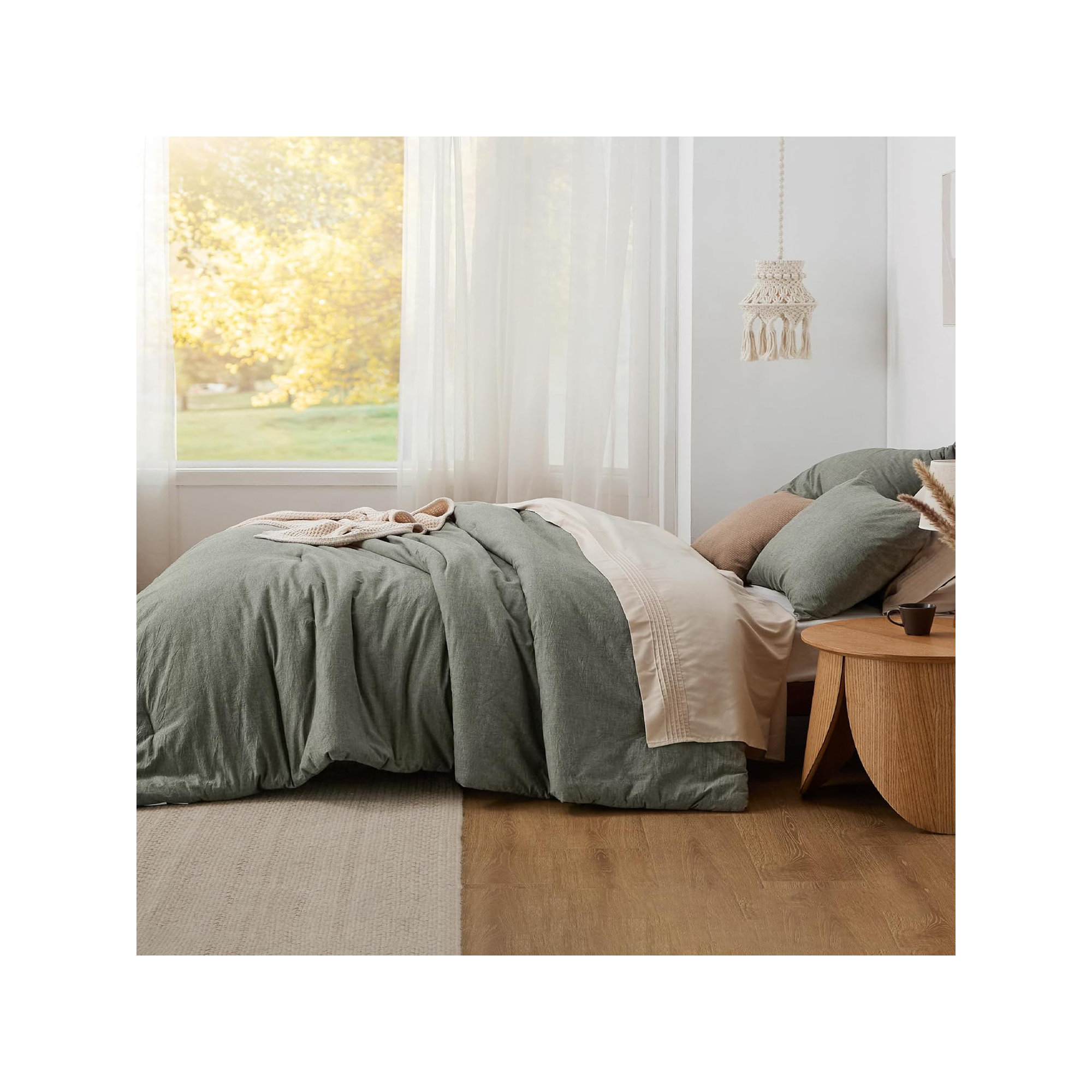 Bedsure Pre-washed Comforter Set with 100% Cotton Outer Covert,  143TC, Queen Comforter + 2 Additional Pieces, Bronze Green