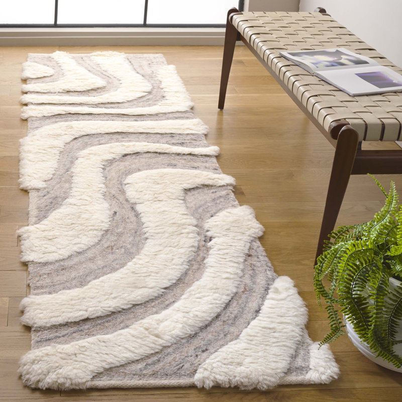 Tapis abstrait en laine fait à la main beige / ivoire Ankara, Tapis de couloir 2 pi 3 po x 8 pi