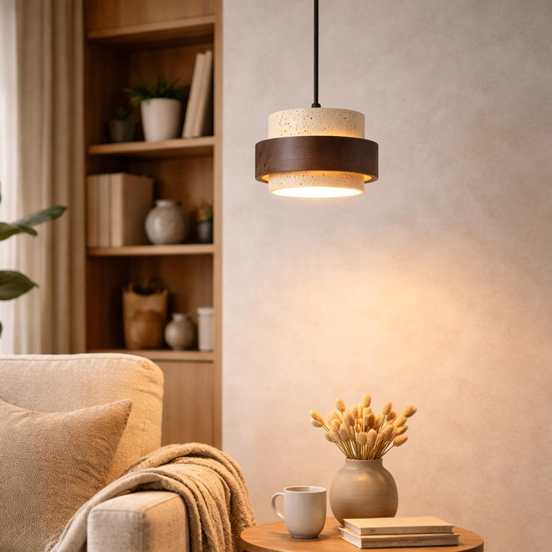 Luminaire suspendu en travertin de style japonais avec finition en noyer, plafonnier moderne Wabi-Sabi pour îlot de cuisine, prise de courant E26, 110V