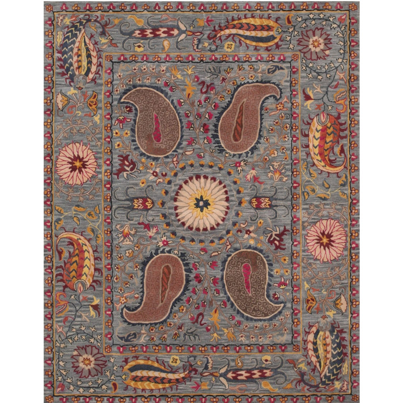 Hand Tufted Wool Floral Area Rug in Blue, 9' x 12'