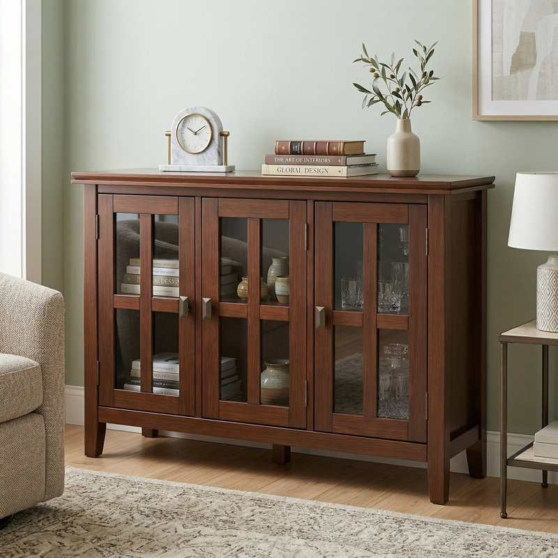 Armoire de rangement contemporaine à 3 portes en bois massif avec portes en verre Artisan