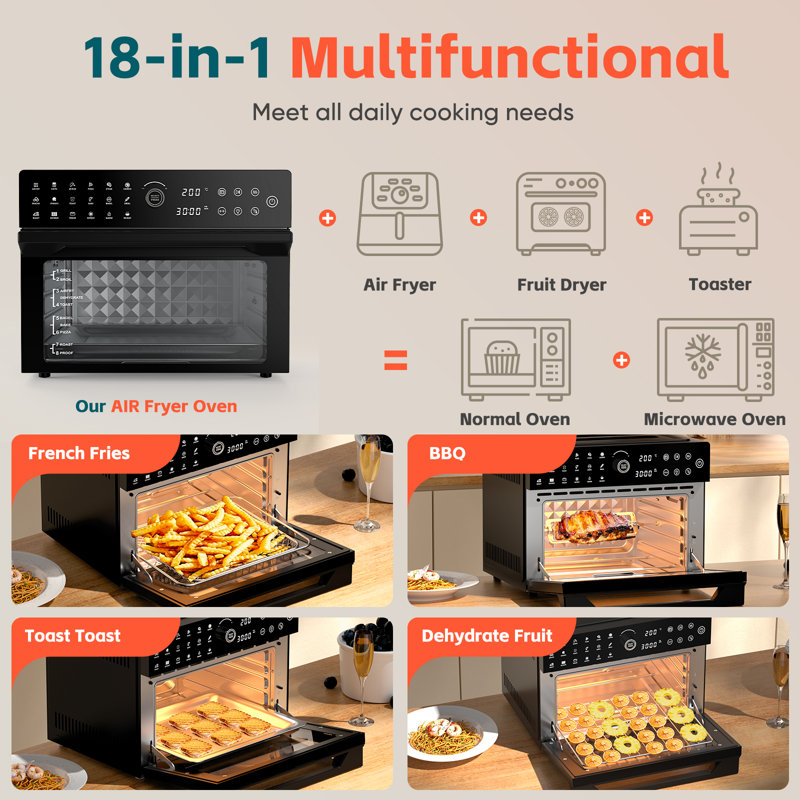 32QT Air Fryer Oven Combo, 18-in-1 Convection Oven , Extra Large Fits 13" Pizza, Digital Display & Precise Temperature Control, Stainless Steel, Includes 7 Accessories.