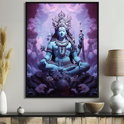 Shiva bleu sur un trône, portail de nuages mauves - Hindouisme