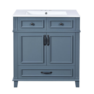 Meuble-lavabo de 30 po avec lavabo en céramique, armoire de rangement en bois massif avec portes à fermeture douce, style rétro, bleu