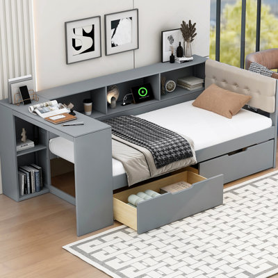 Wood Twin Size Platform Bed With Storage Shelves, Drawers, Charging Station And Upholstered Headboard, Gray