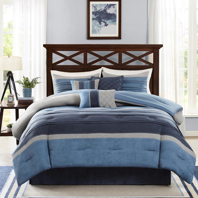 7 Piece Navy Comforter King - Microsuede With Filling, 2 Decorative Pillows, 1 Sham 3 Pillows