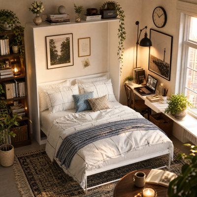 Lit escamotable moderne avec design peu encombrant, armoire blanche pour chambre d'amis, appartement et espaces multifonctionnels
