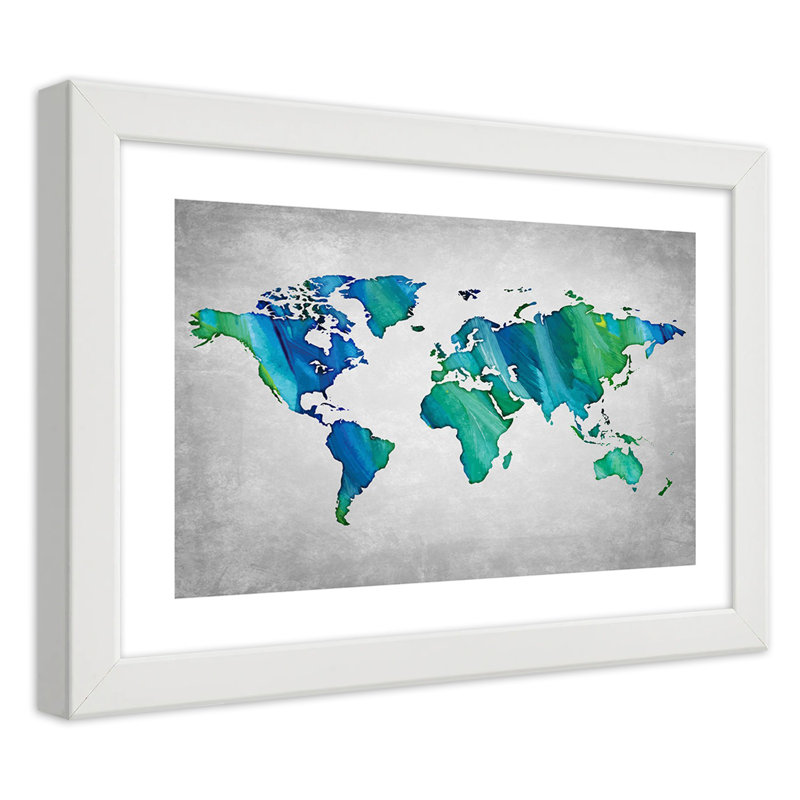 World Map. Colourful Desk - Single Picture Frame Print, White, 70cm H x 100cm W