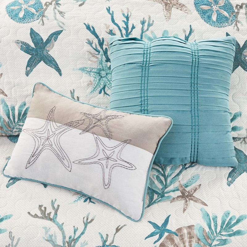 Courtepointe luxueuse pour chambre à coucher - lit double / grand 6 pièces avec coquillages imprimés, étoiles de mer et coraux
