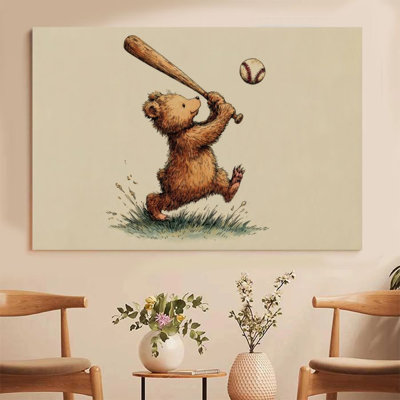 1Pc Framed Canvas Poster Print Bear Batting, Baseball Sport, Vintage Illustration Style Wall Art Decor, Perfect for Room Decor Living Room Bedroom Office Kitchen Bathroom Home Decor, Ideal Home Wall Decoration Gift