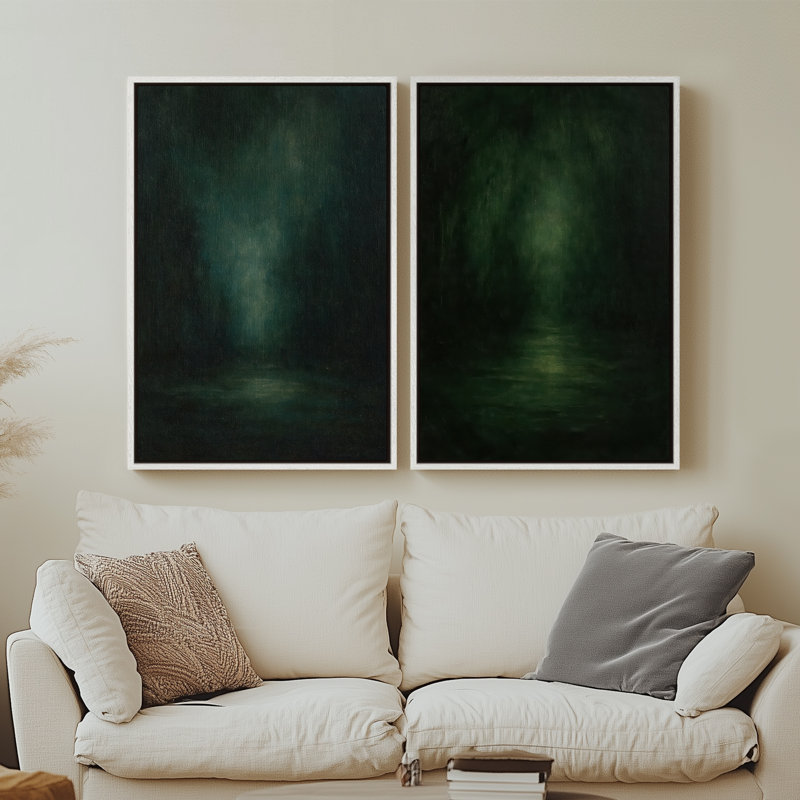 Framed Canvas Wall Art - Dark Green Abstract Atmospheric Wall Prints for Bedroom - 16"x24"x2pcs, 24" H x 16" W, White