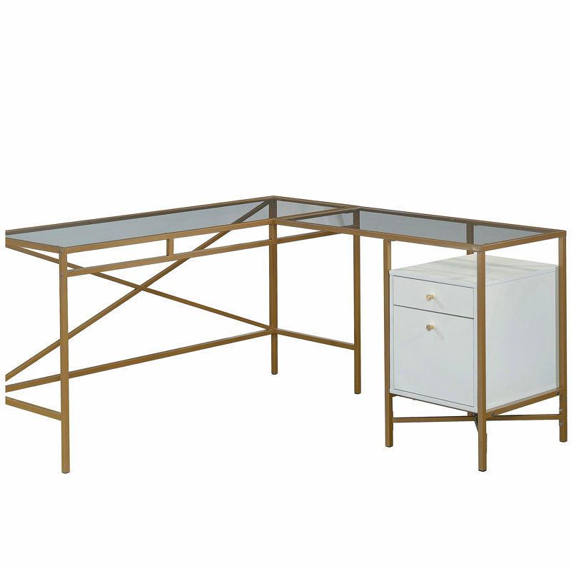 Bureau en L avec plateau en verre, finition blanche