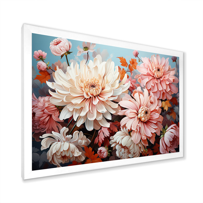 Chrysanthèmes - collage rose et blanc - impression, Cadre simple blanc, H 24 po x l 32 po x P 1 po