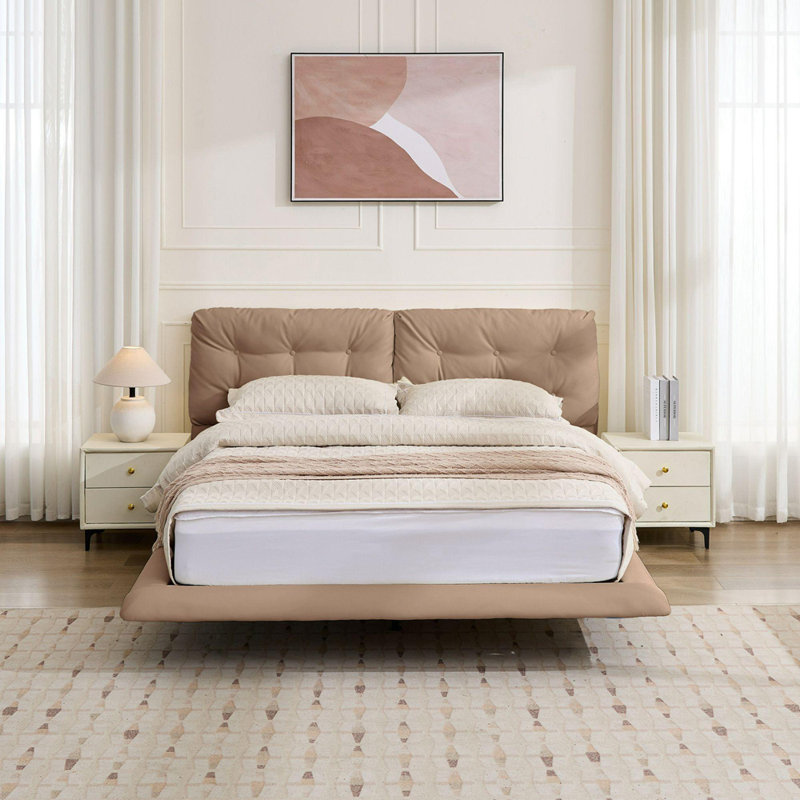Grand lit plateforme flottant en cuir PU avec lumières DEL, Kaki