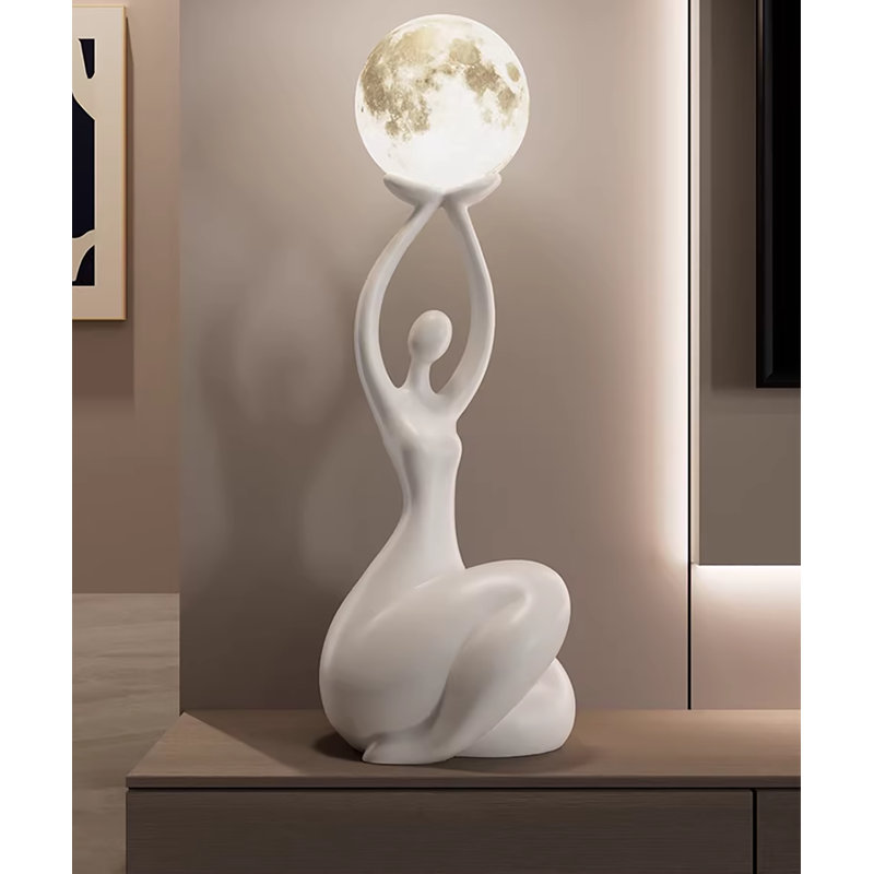 Lampe sculpture en résine: lumière de lune rechargeable avec télécommande, Blanc