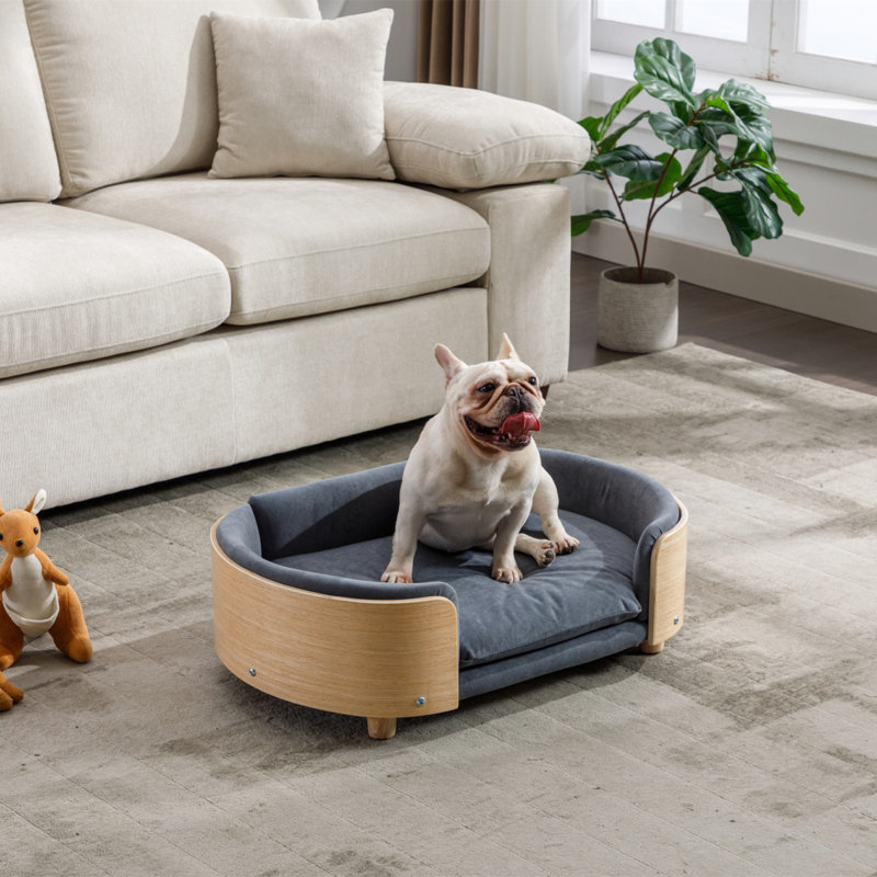 Lit pour chien surélevé de style scandinave avec pieds en bois massif et dossier en bois cintré, coussin en velours gris moyen