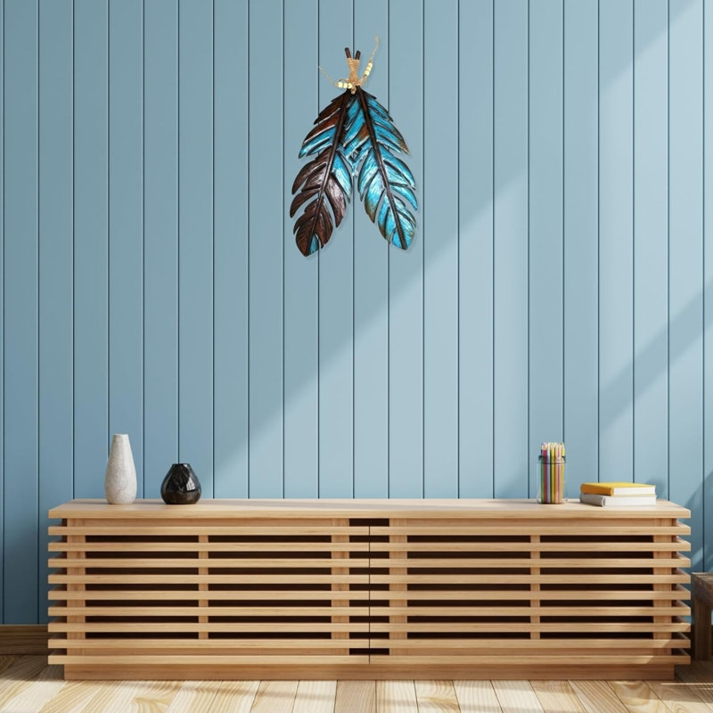 Metal Southwestern Wall Art Rustic Feathers Design 12x20 Inches