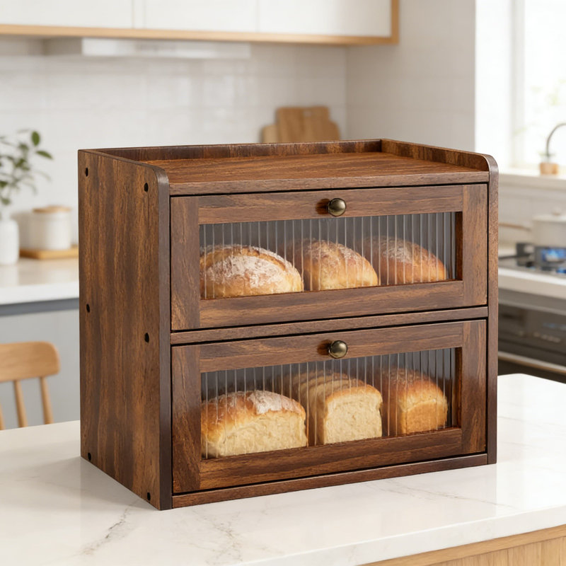 Double Layer Bread Box With Acrylic Window, Wooden Countertop Bread Storage Container With Ventilation For Freshness, Large Capacity Rustic Kitchen Organizer