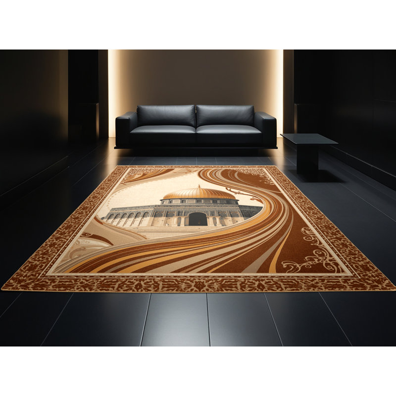 Machine Washable Paizlei Dome Of The Rock Jerusalem Classic Oriental Rug in Brown – LightBrown Binding, 5x7