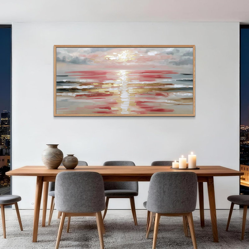  Grand art mural sur toile abstrait encadré - peinture de scène de plage au coucher du soleil pour décoration murale de salon moderne, grande photo artistique avec cadre en bois, 24 po x 48 po
