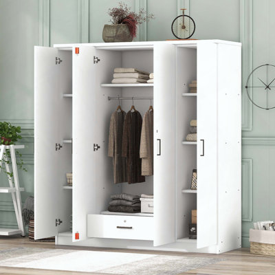 Garde-robe 4 portes avec tiroir, tablettes et rail suspendu, design moderne