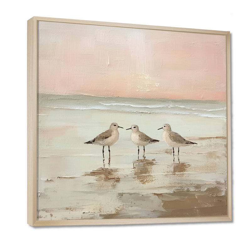 Bécasseaux du coucher du soleil - Tableau sur toile de plage, H 44 po x l 44 po, Cadre naturel flottant