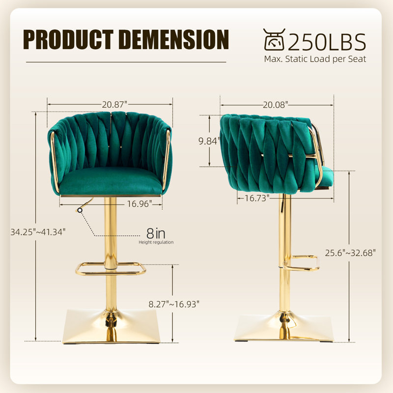 Swivel Adjustable Height Bar Stool with Golden Base, Emerald Velvet
