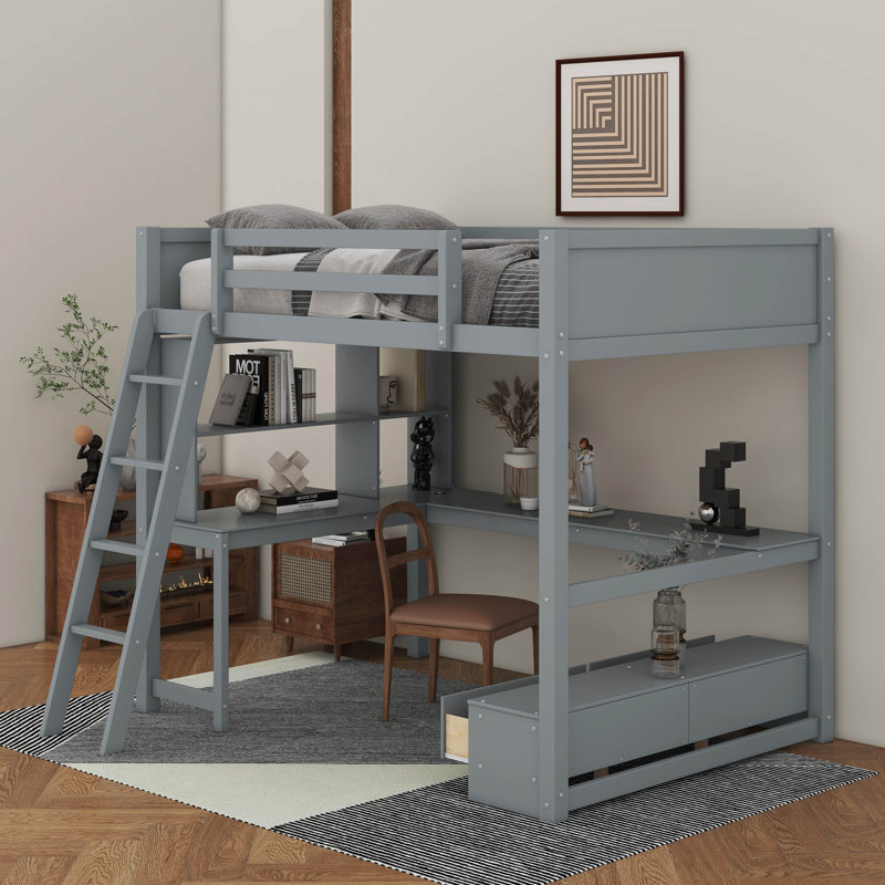 Lit mezzanine double avec bureau, lumière DEL et station de charge USB, banc de rangement avec 2 tiroirs, Gris