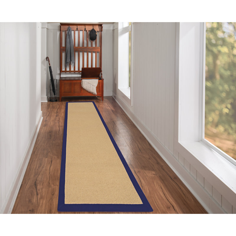 Nannette Handmade Medium Beige Berber with Navy Blue Cotton Border Made in the USA Area Rug, Runner 2'6" x 12'