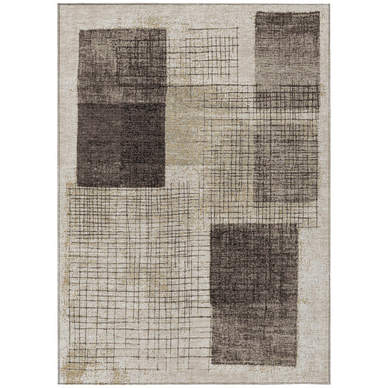 Tapis intérieur / extérieur géométrique lavable brun et taupe 5 pi x 8 pi
