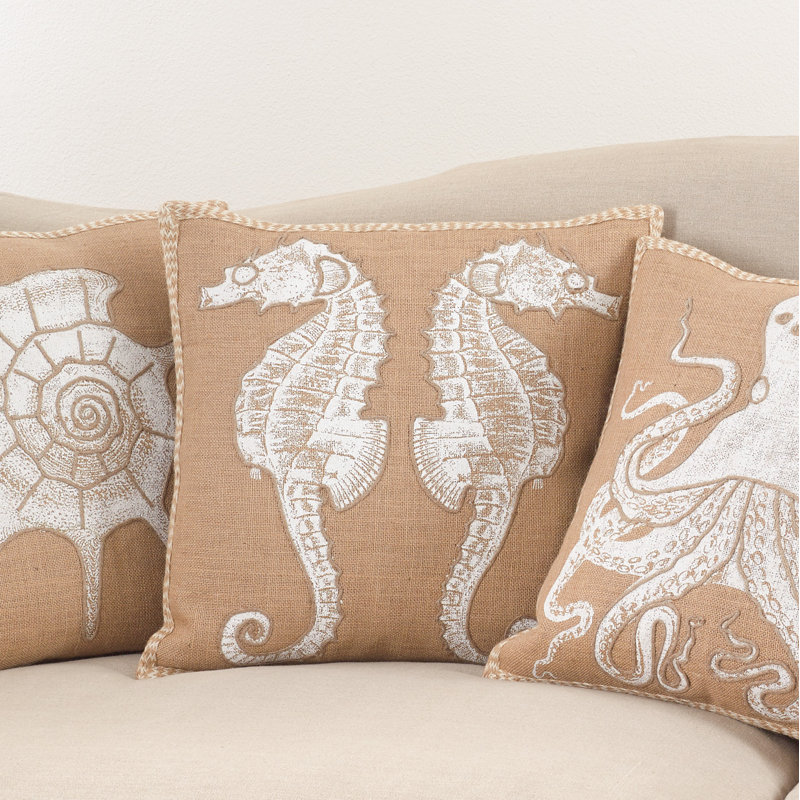Beige Jute 20" Square Seahorse Throw Pillow