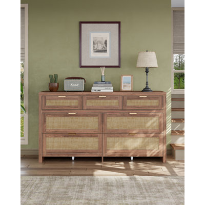 7-Drawer Rattan Dresser With Wheels ,Walnut