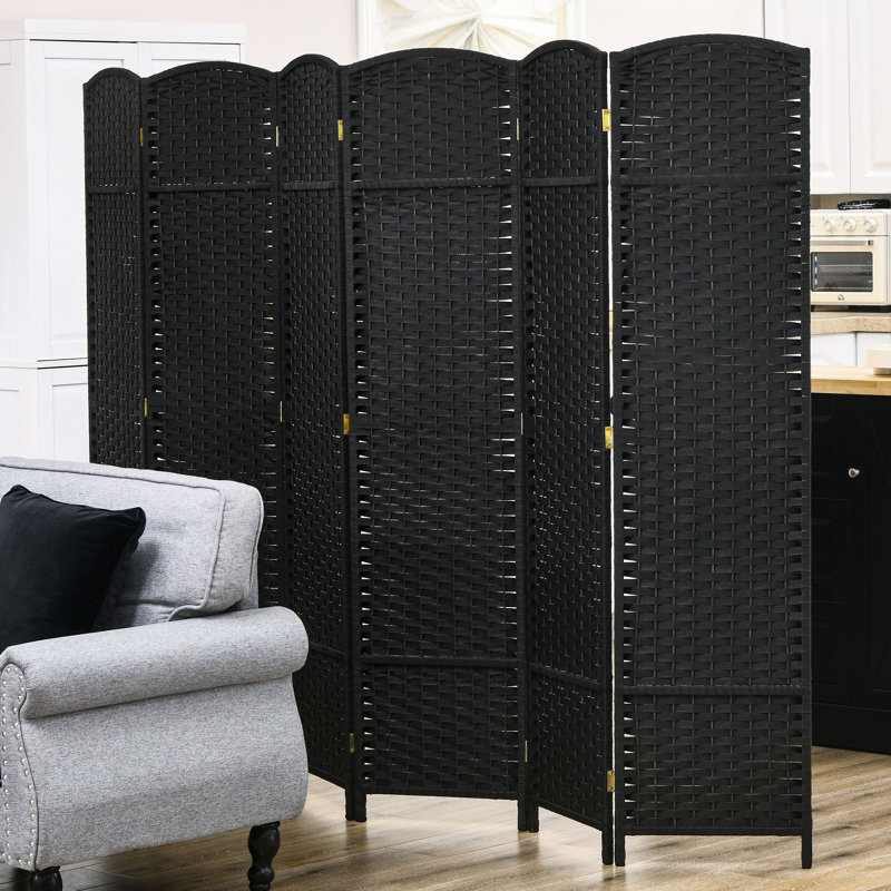 Cloison pliante 6 panneaux, cloison de 5,6 pi de hauteur. Noir pour la chambre à coucher et le bureau personnel. Avec écran tissé à la main et paravent arqué, écran d'intimité haut. Cloison autoportante avec style