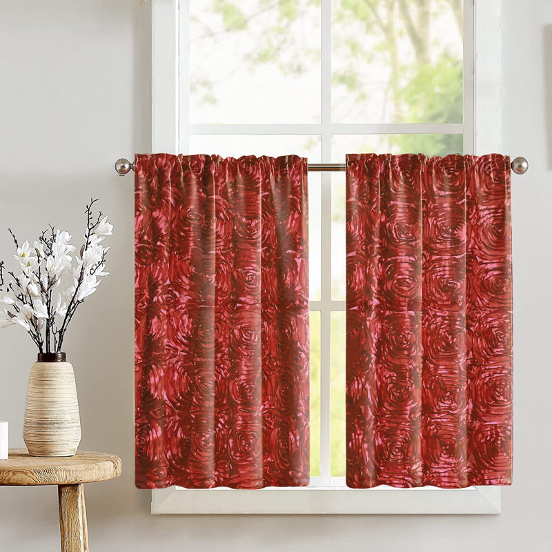 Red Satin Rosette Café Tier Kitchen Curtains