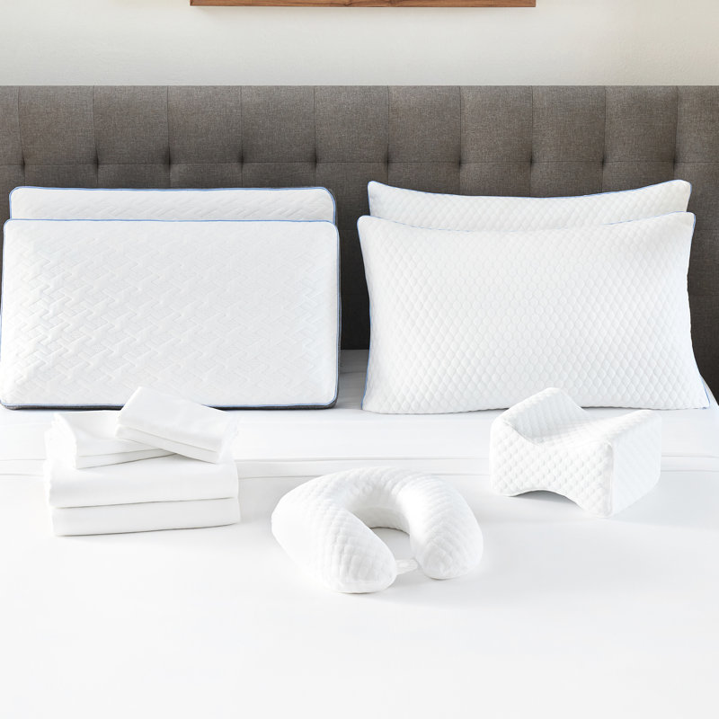 12 Comfort Bedding - Full. Rejuvenate Your Slumber With Luxury. Includes 2 Gusseted Memory Foam Pillows For Head And Neck Support, Fluffy Shredded Jumbo Pillows, Contour Knee Pillow Spinal Alignment,