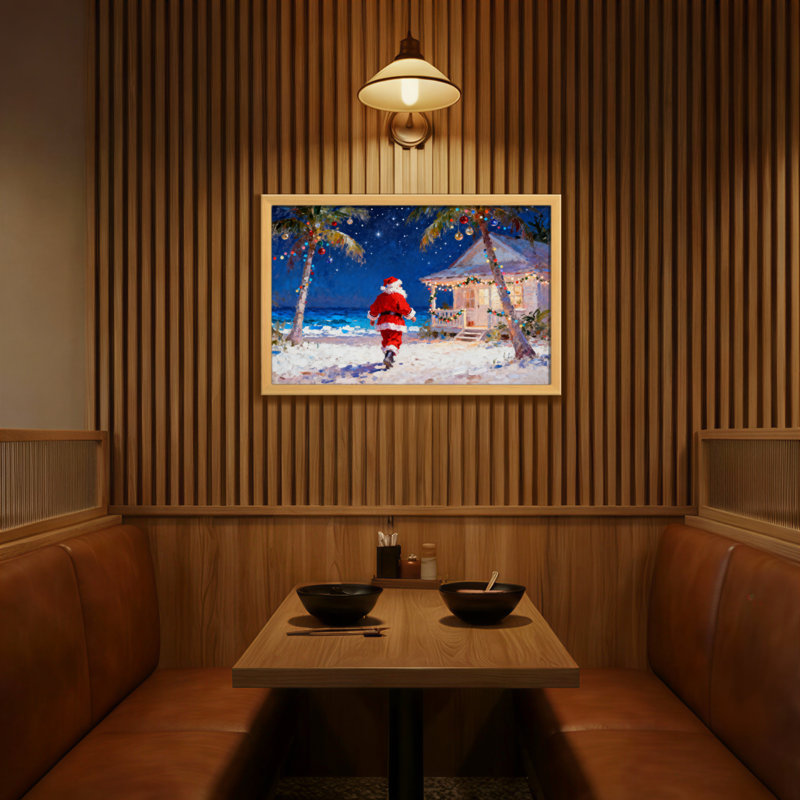 Père Noël qui court sur la plage avec des palmiers, H 12 po x l 18 po