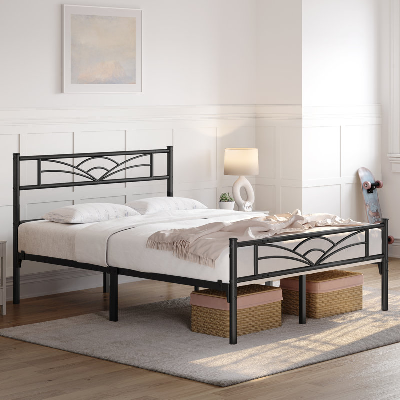 88.5cm Height Metal Bed Frame with Cloud-inspired Design Headboard, Double (4'6), Black