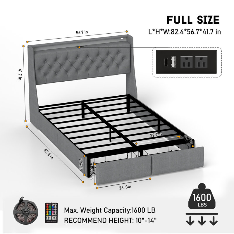 Upholstered LED Bed Frame With Storage Headboard Charging Station 2 Drawers Gray, Full