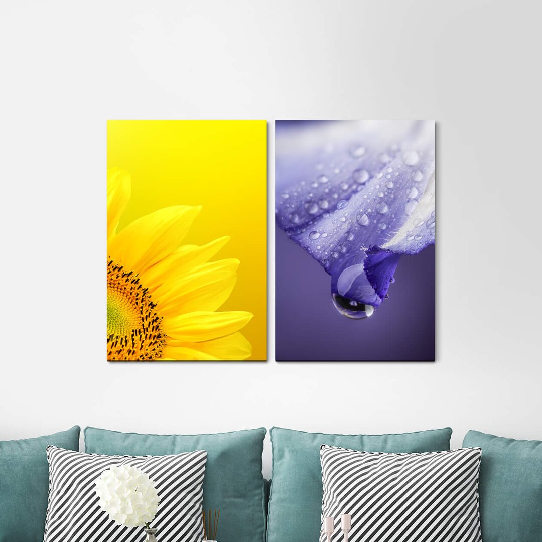 2-tlg. Leinwandbilder-Set - Fotografie „Sunflower Yellow Violet Drops Flowers Summer”