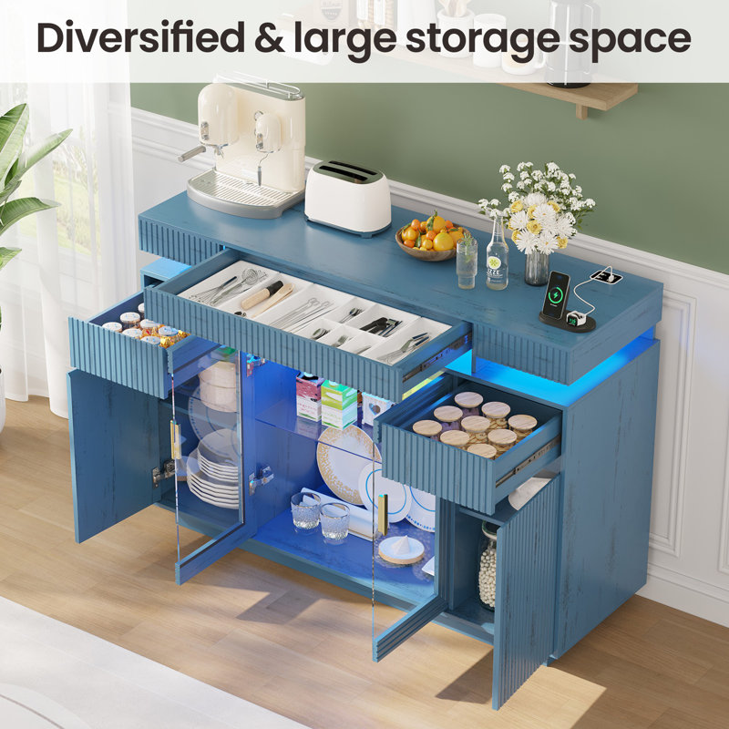 Modern Bar Cabinet with charging Ports And Sensor Lights, Blue