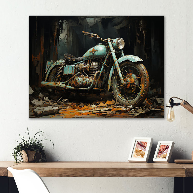 Motocyclette classique bleue et noire - art mural moto en métal, H 12 po x l 20 po x P 1 po
