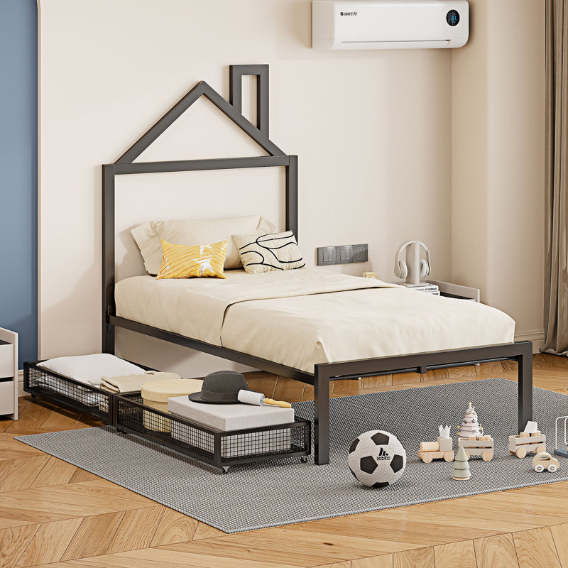 Full Size Metal Platform Bed with Two Drawers, Twin, Black