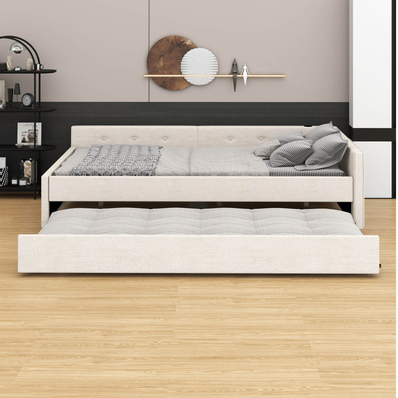 Lit plateforme tapissier avec lit gigogne simple et ports USB intégrés, Lit double