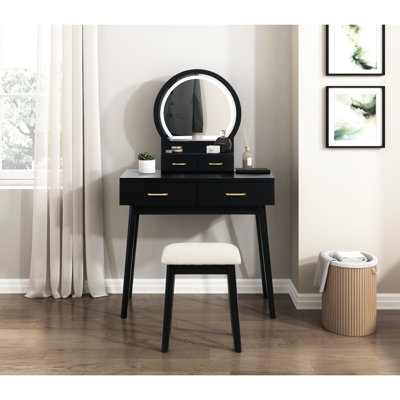 Elegant Vanity With Black Finish, Led Lighted Mirror, 4 Smooth - Gliding Drawers, And Matching Stool For Bedroom Sleek Contemporary