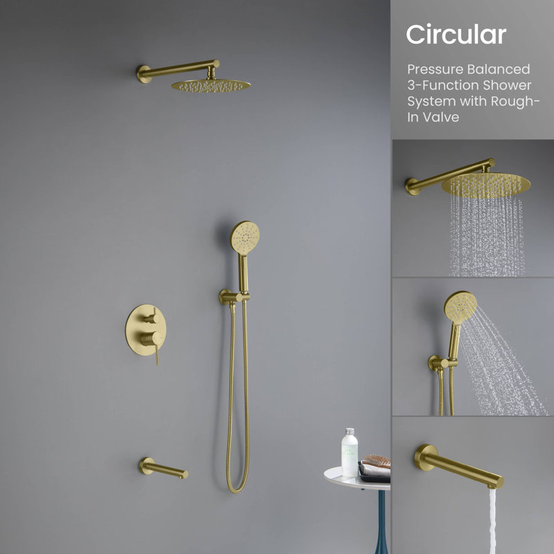 Circular Dual Function Complete Shower System with Rough in-Valve, Brushed Gold