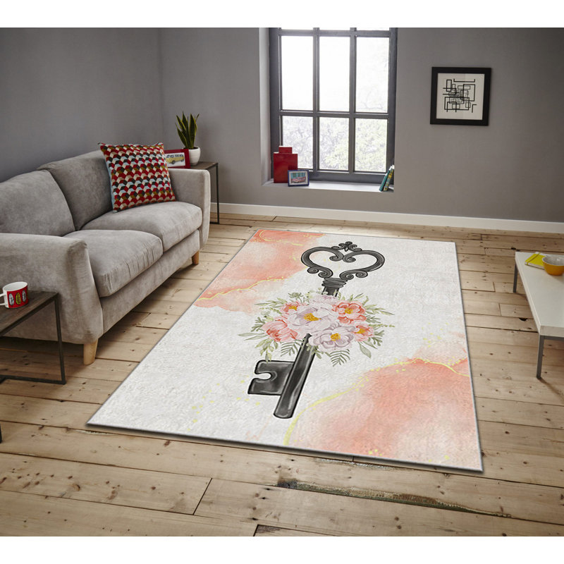 Tapis rectangulaire en polyester tissé à la machine Bedolla ivoire / rose / gris, Rectangle 4 pi 7 po x 7 pi 3 po