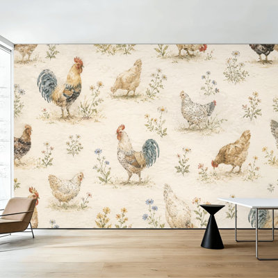 Peel and Stick Wallpaper Vintage Farmhouse Rooster Chicken Wildflowers Beige Wall Murals 100"H x 144"W Removable PVC Wall Paper Self-Adhesive Wall Decor for Bedroom Living Room Home Office