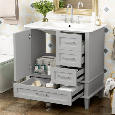 Meuble-lavabo de 30 po en gris, armoire en bois massif moderne avec lavabo, 3 tiroirs et porte à fermeture en douceur pour meuble-lavabo gris, bois, silencieux