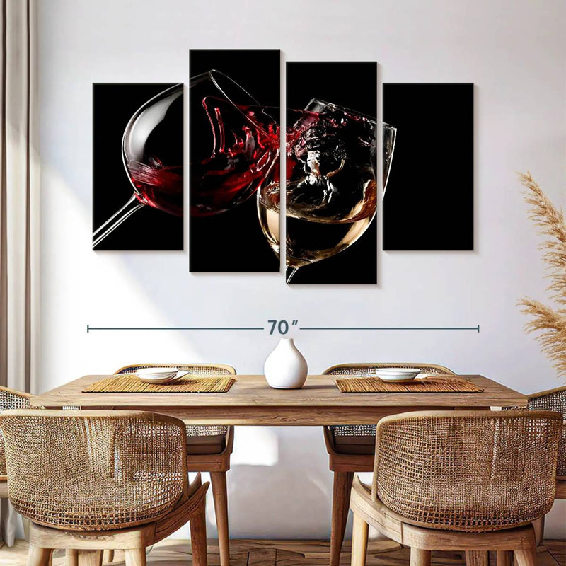 Ensemble de verres à vin rouges et blancs sur toile 4 pièces, H 42 po x l 68 po x P 1,25 po