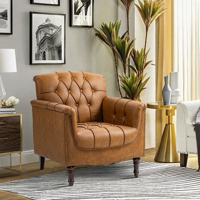 Edvardas 80Cm Wide Tufted Armchair, Camel Faux Leather